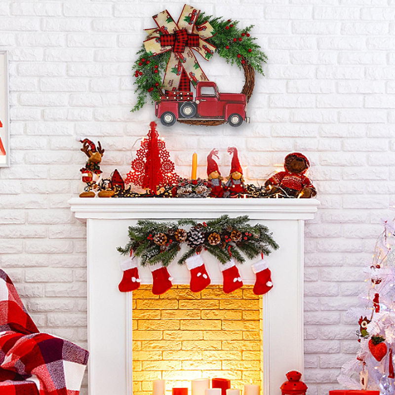 TOMTOP JMS Künstlicher Weihnachtskranz mit rotem Lastwagen in Landhaus-Stil, Rot, Durchmesser: 30 cm - Bild 2