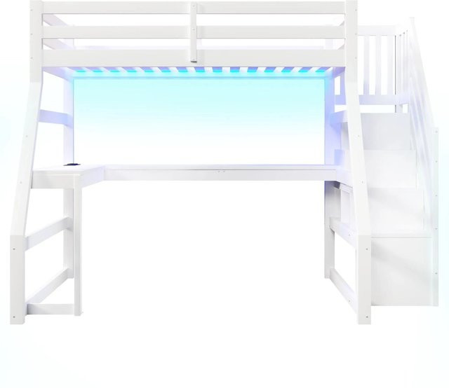 Merax Hochbett aus Holz mit Schreibtisch, LED-Unterbettbeleuchtung und USB-Anschluss, Weiß, B/T/H: 90 x 200 x 145 cm - Bild 1