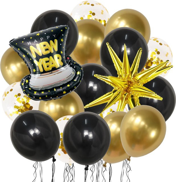 YAYB Silvester Luftballons Set mit Hut-Motiv in Gold und Schwarz, 32 Stück aus Latex für deine Silvesterparty 2026 - Bild 1