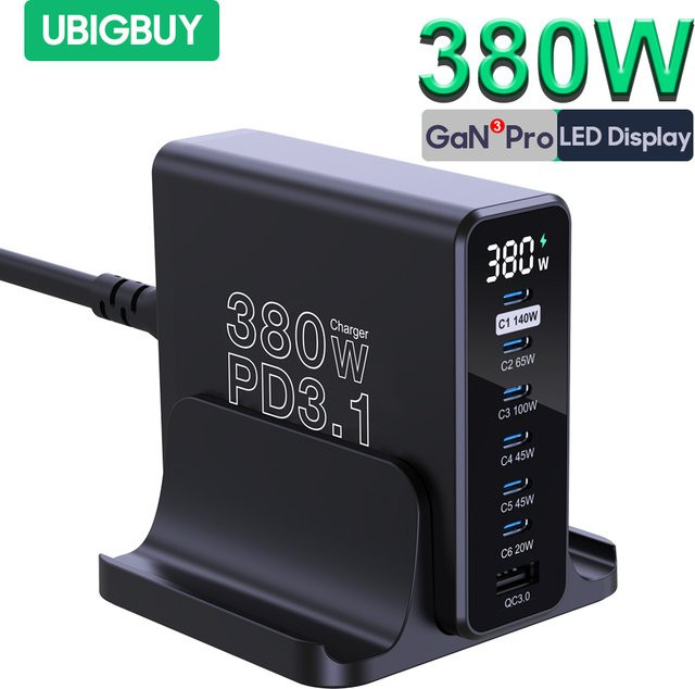 Ubigbuy GaN USB C Ladegerät 380 W mit LCD-Display, PD 3.1 Schnellladestation in Schwarz für iPhone 15, Samsung und MacBook Pro/Air - Bild 1