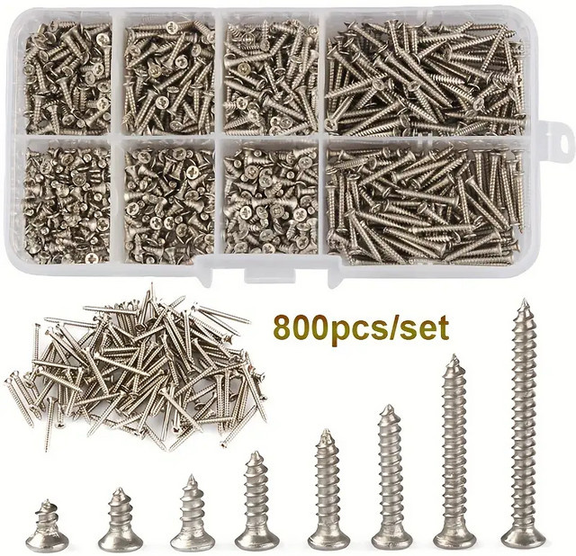 800 Stück Holzschrauben Set M2 mit Phillips Flachkopf und selbstschneidendem Gewinde in Silber - Bild 1