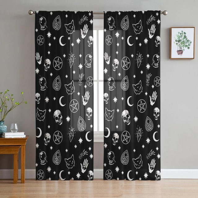 Yiran Furniture Transparentes Organza-Voile-Fensterdekoration mit Katzen-Motiv, Schwarz, Breite: 135 cm, Höhe: 137 cm - Bild 1