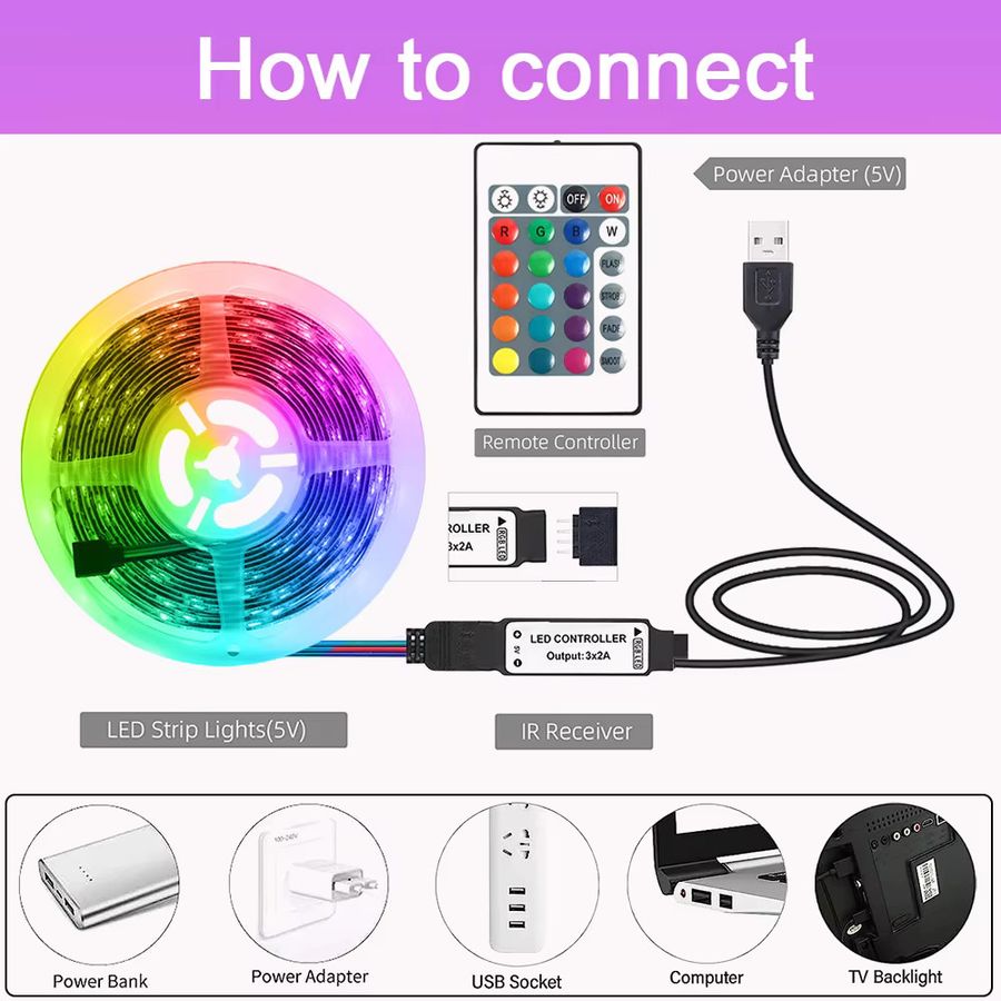 HAGAHA RGB LED-Streifen USB-betrieben Wasserdicht mit 44-Tasten Fernbedienung für Innen- und Außendekoration DC 5V 5050 - Bild 3