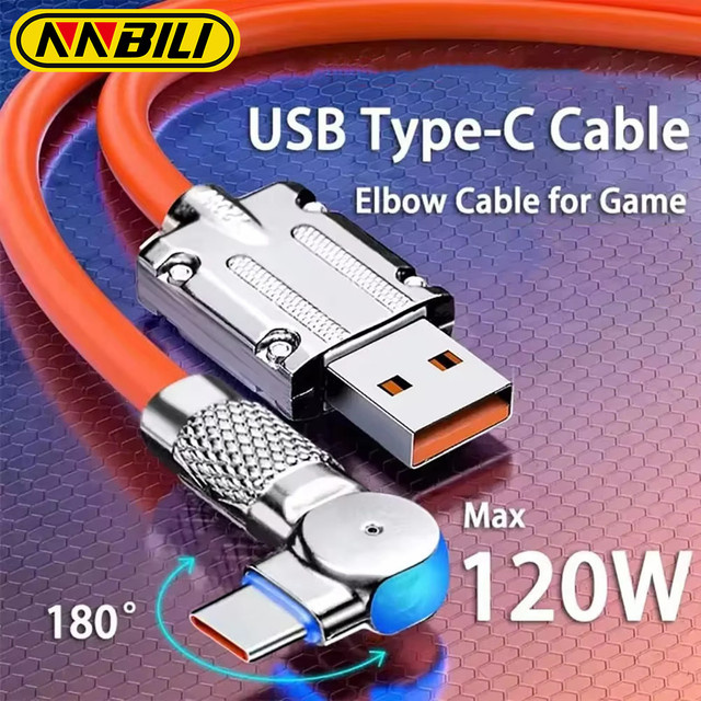 NNBILI USB Typ C Schnellladekabel 120W mit 180 Grad Winkel in Orange - Bild 1