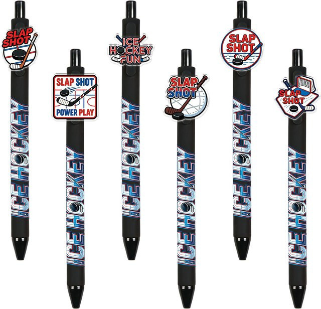 Eishockey Design Kugelschreiber mit Eishockeyschläger-Muster und schwarzer Tinte, 6er oder 12er Set - Bild 1