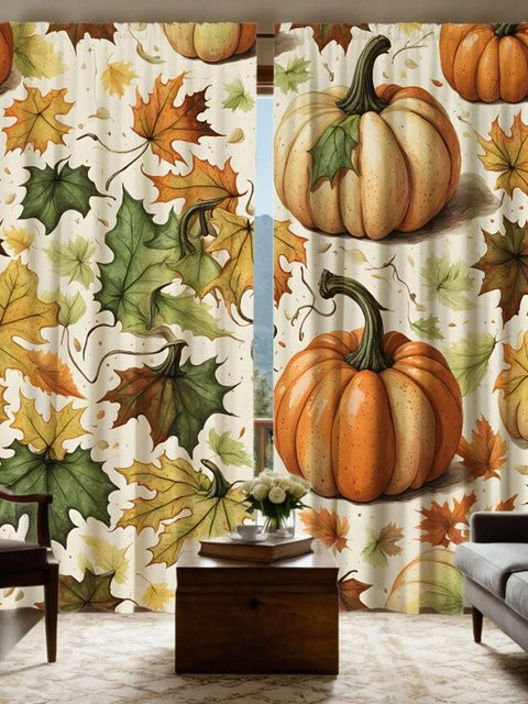 2er-Set dekorative Vorhänge mit Erntedankfest-Motiv, Kürbis und Ahornblatt, digital bedruckt, beige mit Grün und Gelb, B: 132 cm, H: 160 cm - Bild 1