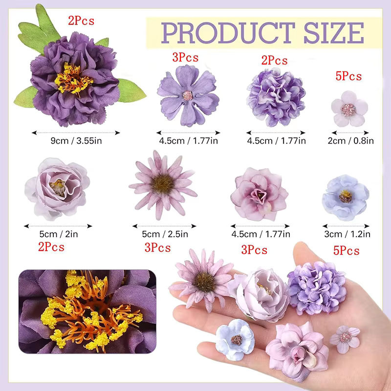 Mix aus 22 künstlichen Seidenblumen-Köpfen in Lila und Mehrfarbig für Hochzeitsdekoration, Braut-Haarschmuck und DIY-Geschenke - Bild 6
