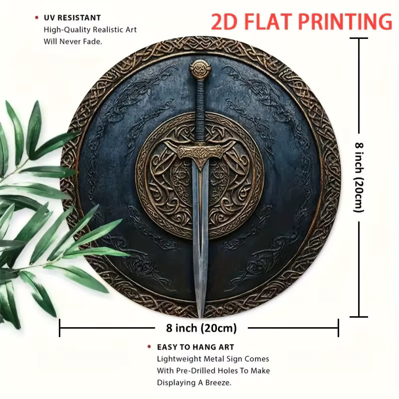 Potdemiel Wikinger-Schild-Wandkunst mit antikem Schwert, rundes dekoratives Metallschild in Schwarz, Durchmesser: 20 cm - Bild 3