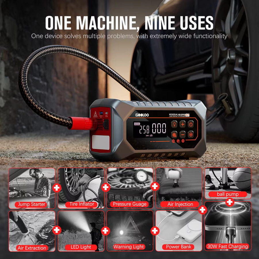 GOOLOO Tragbare Starthilfe-Powerbank mit 24000mAh und 160PSI Luftpumpe, 12V Auto-Booster für Benzin- und Diesel-Fahrzeuge, Schwarz - Bild 6