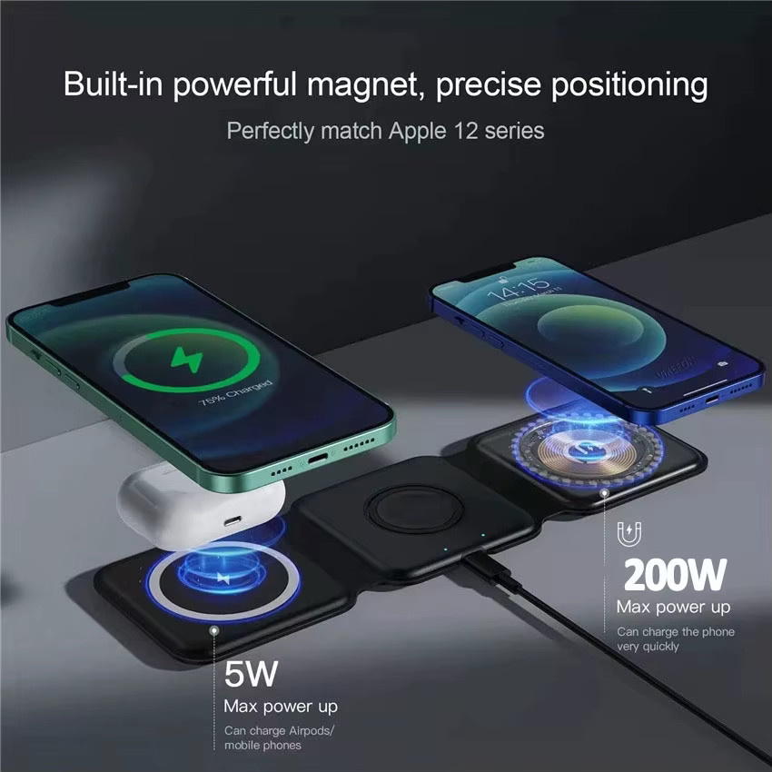 VIKEFON 3-in-1 Magnetisches Tragbares Kabelloses Ladegerät für iPhone 15 14 13 12 Pro Max, Apple Watch und AirPods, Schwarz - Bild 2