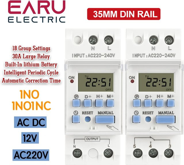 EARU Digitale Zeitschaltuhr THC15A zur DIN-Schiene, Programmierbarer Relais Timer Controller für AC 220V 230V 110V und DC 12V 24V 48V, Weiß - Bild 1