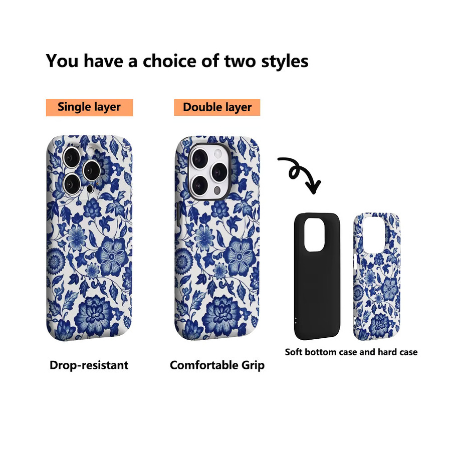 Blaue iPhone Handyhülle mit Porzellan-Design für Apple iPhone 17 16 15 14 13 12 11 Pro Max Plus mit doppelschichtiger Rückseite - Bild 3