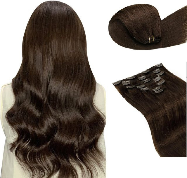 CC YOUNG Clip-in-Haarverlängerungen, Echthaar, dunkelbraun, 120 g - Bild 1
