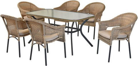 Merxx Gartenmöbel-Diningset Ravenna 13-teilig in Natur mit 6 Stapelsesseln, Sitzkissen und Tisch aus Aluminium und Glas, Tisch Breite: 150 cm, Tiefe: 85 cm - Bild 1