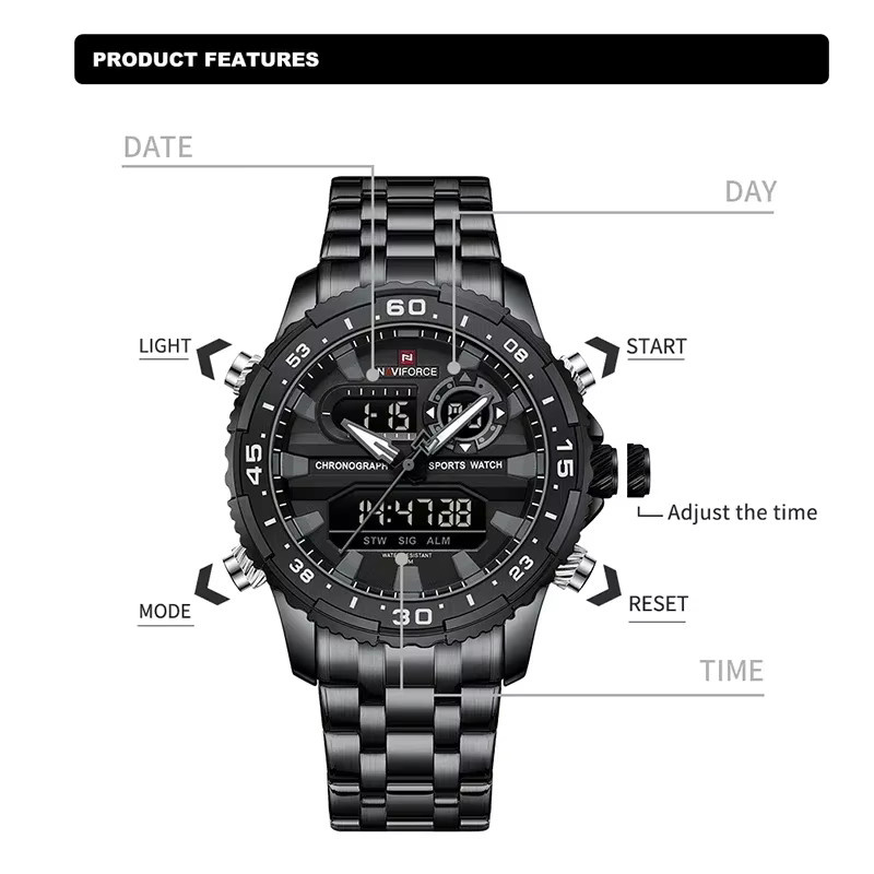 NAVIFORCE Armbanduhr, Quarz, Analog-Digital, Edelstahl, Schwarz, Herren - Bild 3