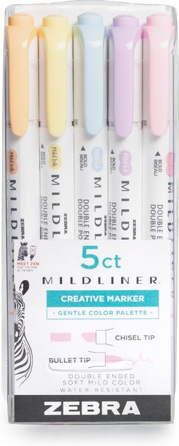 ZEBRA Mildliner Set Gentle Multicolor Highlighter mit Chisel-Spitze in Limonadenblau, Babyrosa, Flieder, Sorbetgelb und Honigorange - Bild 1
