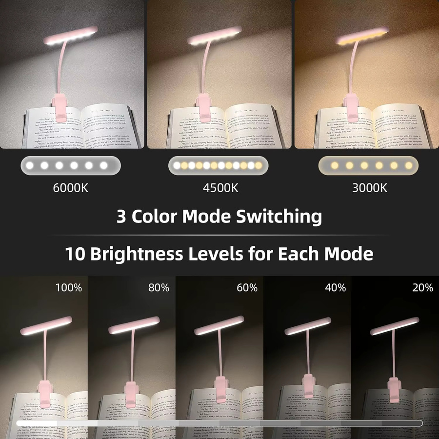 KEBINCPLED USB Buchlampe Rosa, wiederaufladbare LED Leselampe mit Clip und Touch-Steuerung, verstellbar mit Warmweiß, Kaltweiß und Tageslicht - Bild 3