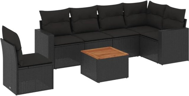 vidaXL 7-tlg Garten-Sofagarnitur aus Poly-Rattan und Akazienholz in Schwarz mit Kissen - Bild 1