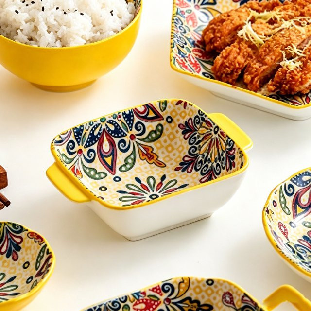 Yolife Keramik-Salatschüssel im Bohemian-Stil, bunte Nudelschüssel und Dessertbehälter mit Griff - Bild 1