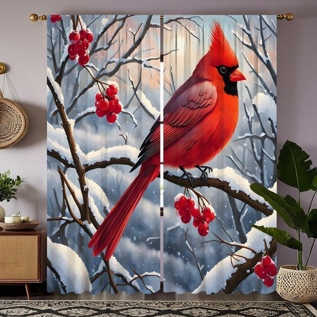 2er-Set dekorative Vorhänge mit rotem Obstbaum und Schneevogel Motiv, Farbe Rot, B: 132 cm, H: 160 cm - Bild 1