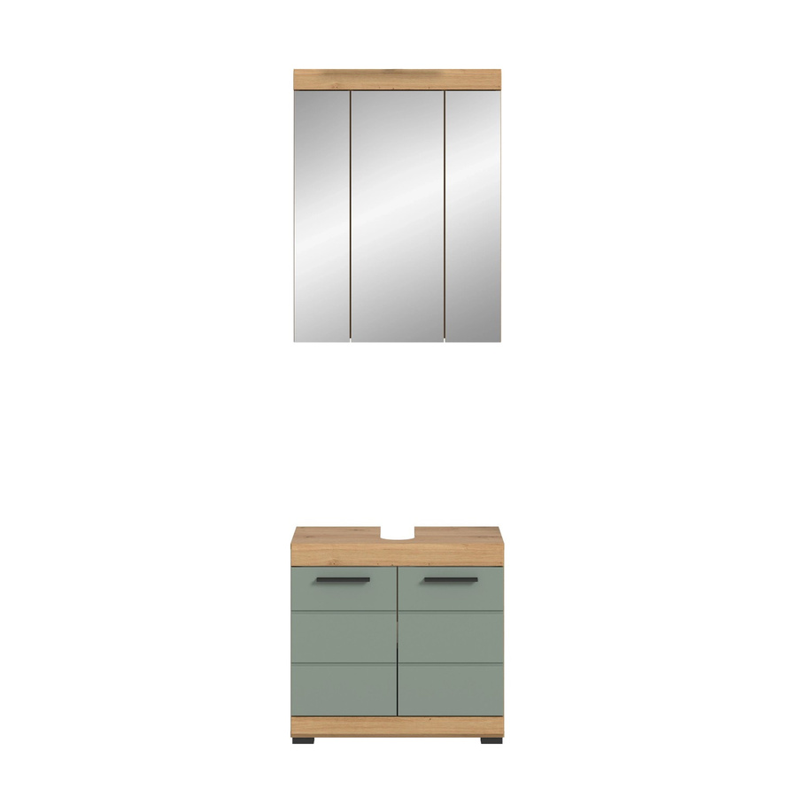 Xonox Badkombination 2-teilig aus Eiche mit Spiegelschrank und Waschtisch in Salbei Grün, B/H/T: 60 x 191 x 34 cm - Bild 2