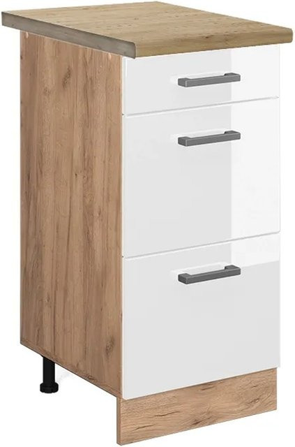 Vicco Küchenunterschrank R-Line Weiß Hochglanz und Eiche mit Schubladen B/T/H: 40 x 60 x 81,6 cm - Bild 1