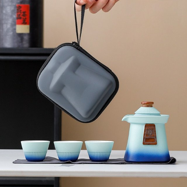 Palace Museum Reise-Teeset aus Keramik in Blau mit Infuser für Kungfu-Tee und Outdoor-Camping - Bild 1