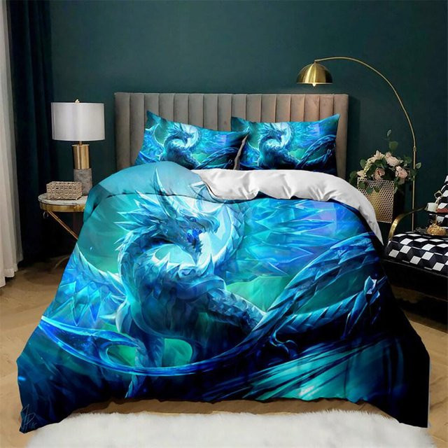 Bettwäscheset mit Drachen-Motiv von Binchi Outdoor Product, 3-teiliges Mikrofaser-Set in Blau für Kinder und Teenager, Breite: 155 cm, Länge: 215 cm - Bild 1