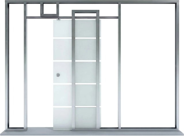 Schiebetür-Set PurePocket CW100 mit 4 Streifen Zargenoptik in Satin, Glas, Weiß/Silber, H x B: 211 x 98,5 cm - Bild 1