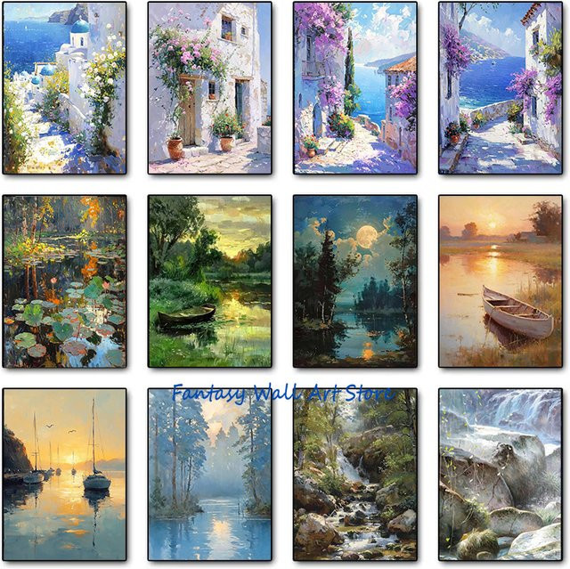 Potdemiel Leinwand Wandbild Mittelmeer Landschaft mit Lotusblüten und Fluss in Mehrfarbig - Bild 1