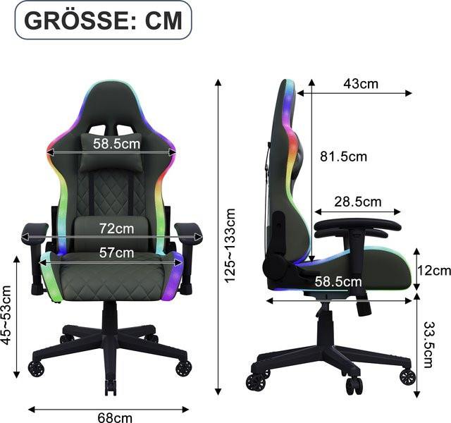 Ergonomischer Gaming-Stuhl mit LED und Kopfstütze in Schwarz aus Kunstleder für Teenager - Bild 1