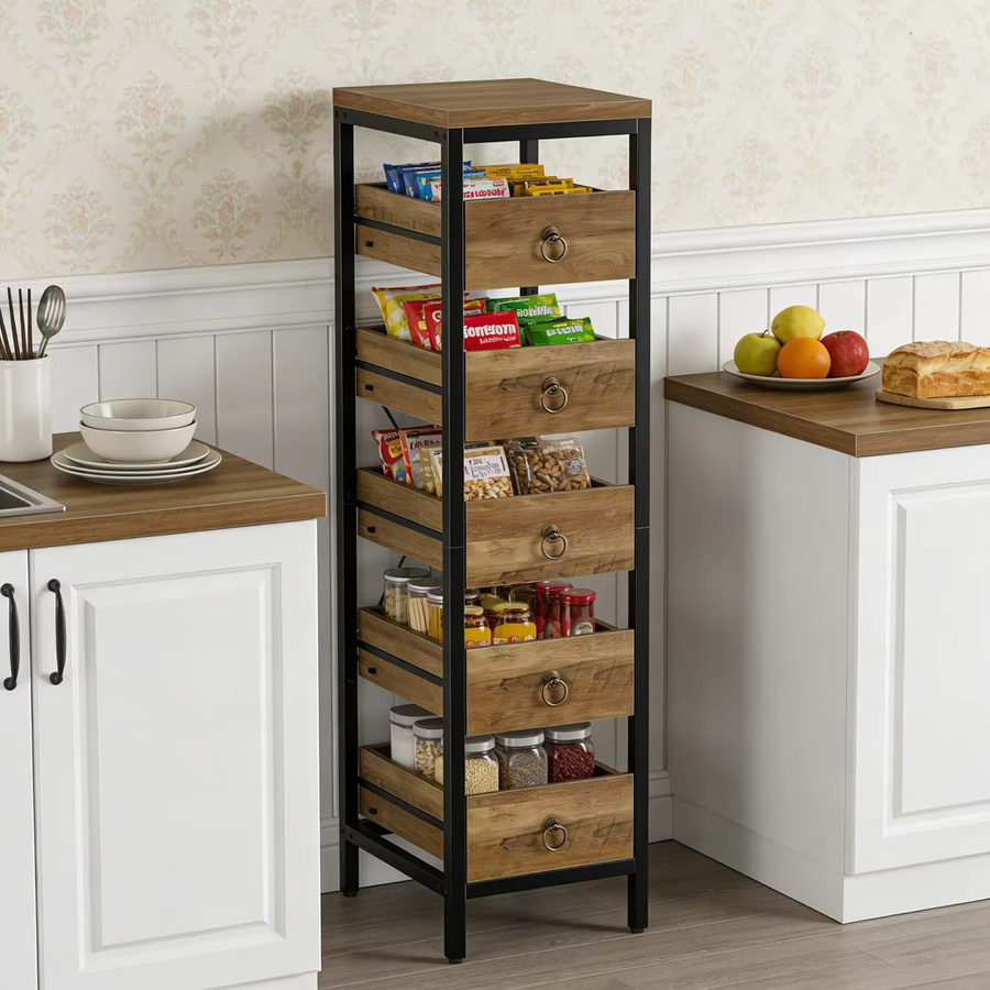 Garvee Schmales 5-stöckiges Küchenregal aus Metall mit Ausziehschubladen, Multifunktionaler Organizer für Küche, Wohnzimmer und Badezimmer, Farbe: Braun oder Rot, Matt - Bild 7