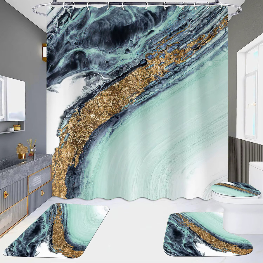 VIKAMA Duschvorhang mit abstraktem Marmor-Design in Schwarz, Grün und Gold, modernes geometrisches Muster, B/H: 180 x 90 cm - Bild 1
