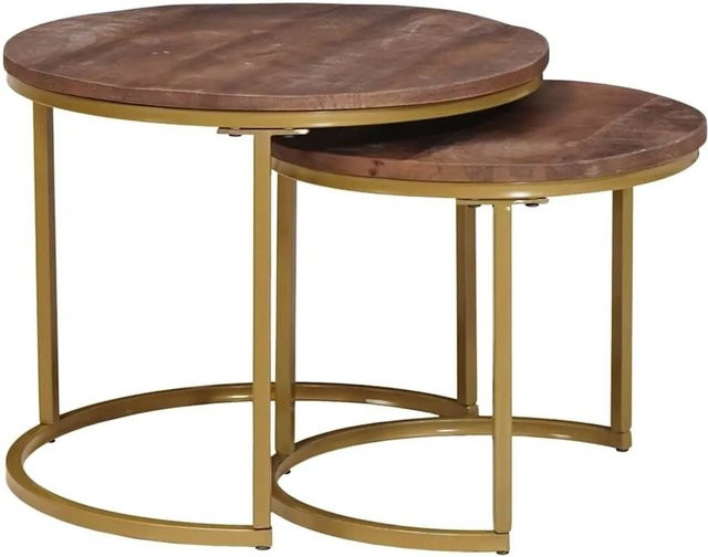 vidaXL Nesting-Couchtisch Set aus 2 Teilen aus Massivholz Mango und Stahl in Braun, rund - Bild 1