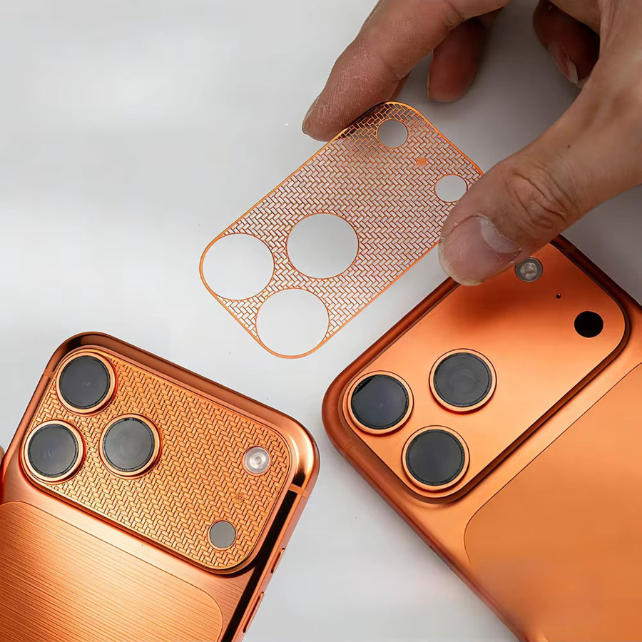 Kameraobjektivschutz für Apple iPhone 17 Pro Max Metallgitterfolie mit Vollschutz-Ring in Weiß und Orange - Bild 2