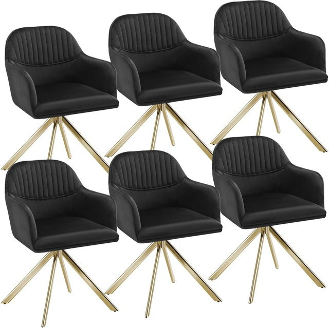 tectake Lona Samt-Drehstuhl 6er Set, gepolstert, 360° drehbar, Schwarz-Gold, B/T/H: 56 x 59 x 81 cm - Bild 2