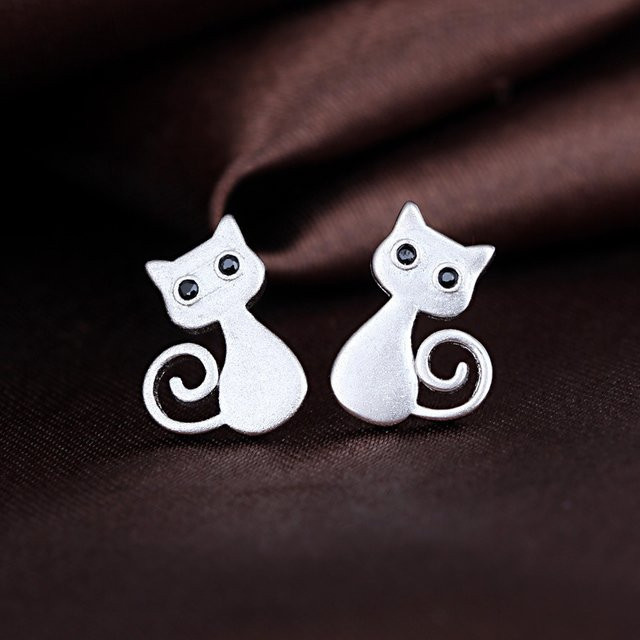 GaGa-Duck Ohrstecker 925 Sterling Silber, Schwarze Augen, Kristall, Katze, Damen - Bild 1