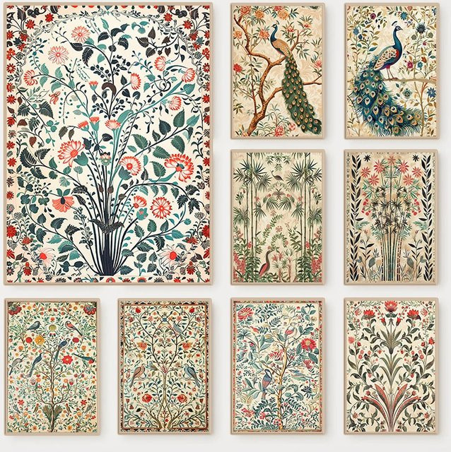 Potdemiel Indisches Wandbild als Leinwandgemälde mit buntem Blumen- und Vogel-Motiv in orientalischem Design - Bild 1