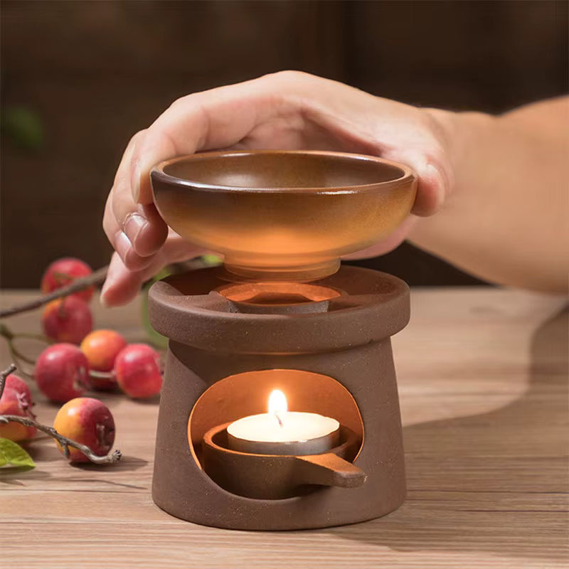 YXYMCF 3-in-1 Keramik Set in Braun als Kerzenheizung, Teewärmer und Diffusor mit japanischem Schilfrohr für ätherische Öle - Bild 2