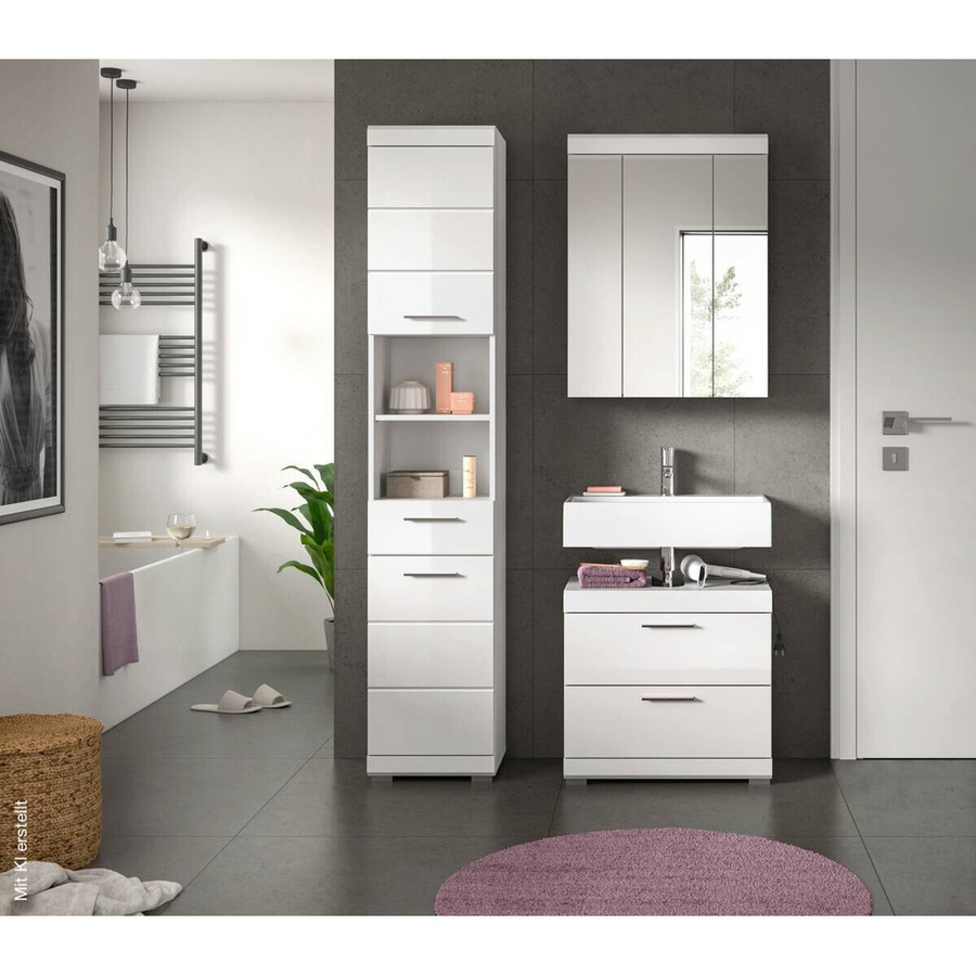 3-teilige Badkombination Xonox in Weiß Hochglanz mit Unterschrank, Spiegelschrank und Hochschrank, B/H/T: 112 x 191 x 34 cm - Bild 2