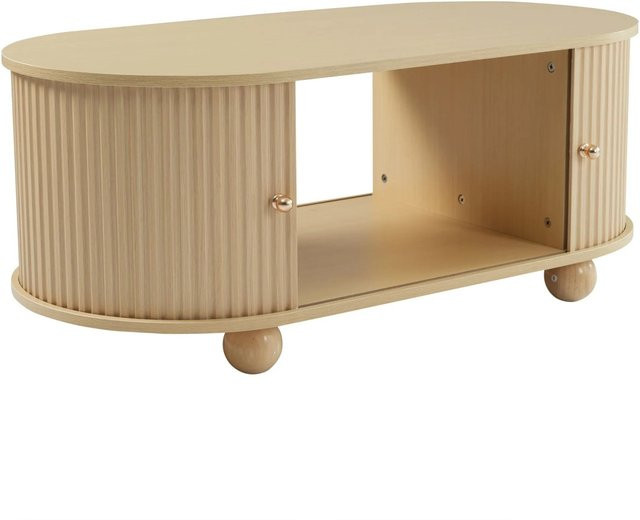 Merax Couchtisch Oval in Holzoptik mit Schiebetüren und Stauraum, Braun/Beige, B/T/H: 100 x 50 x 40 cm - Bild 1