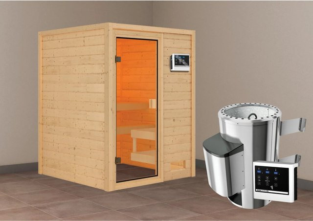 Karibu Massivholzsauna Sandra aus Fichtenholz mit 3,6 kW Ofen und externem Steuergerät in Natur - Bild 1