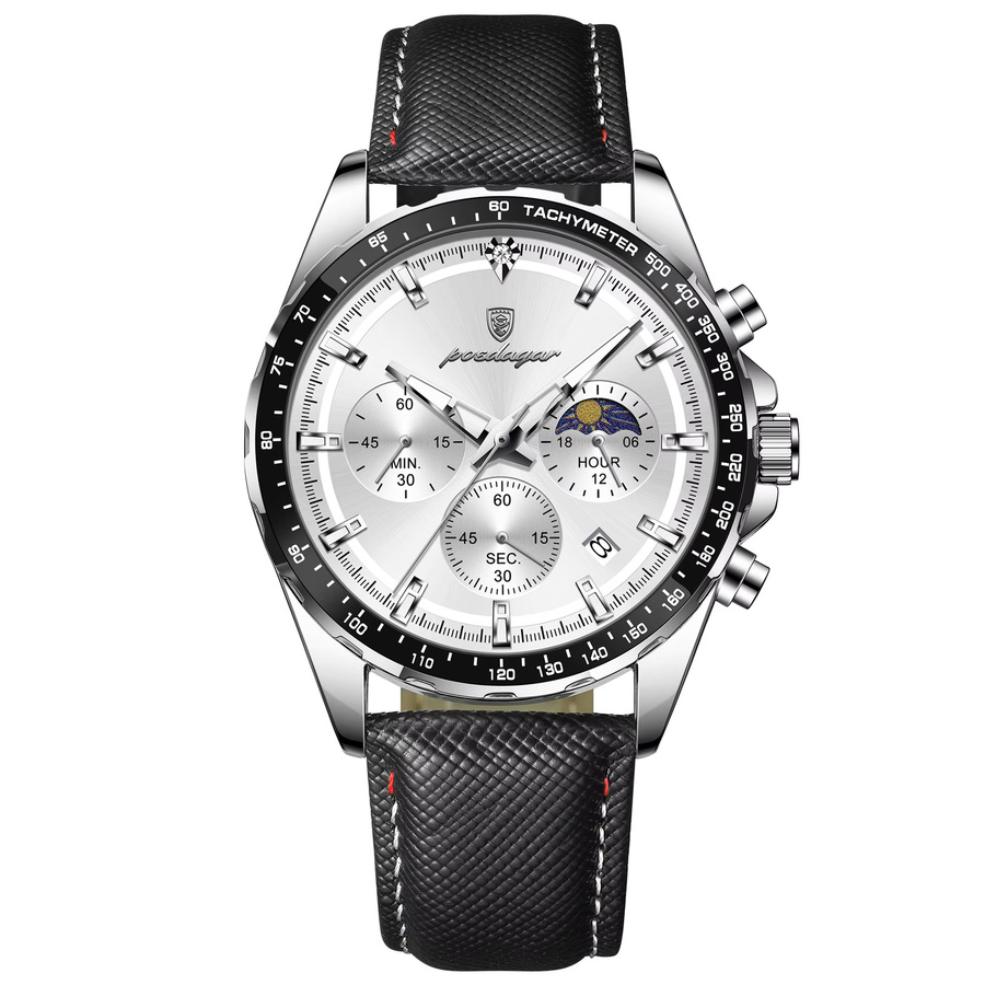 POEDAGAR Armbanduhr, Chronograph, Quarz, Leder, Silber, Herren - Bild 7