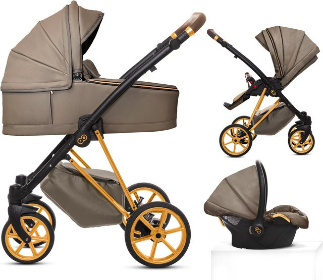 TPFLiving 3in1 Kinderwagen Royal aus Kunstleder in Gray Pearl mit Goldgestell - Bild 1
