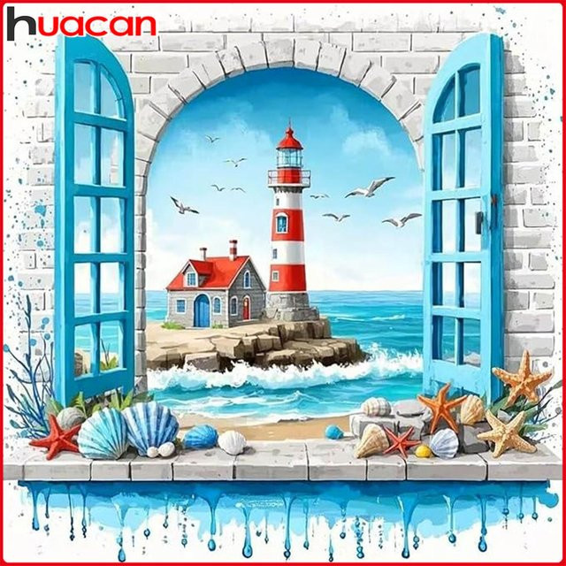 Huacan 5D-Diamantgemälde zum Selbermachen mit Meeresmotiv, Leuchtturm und Muscheln in Blau und Multicolour, B/H: 20 x 20 cm - Bild 1
