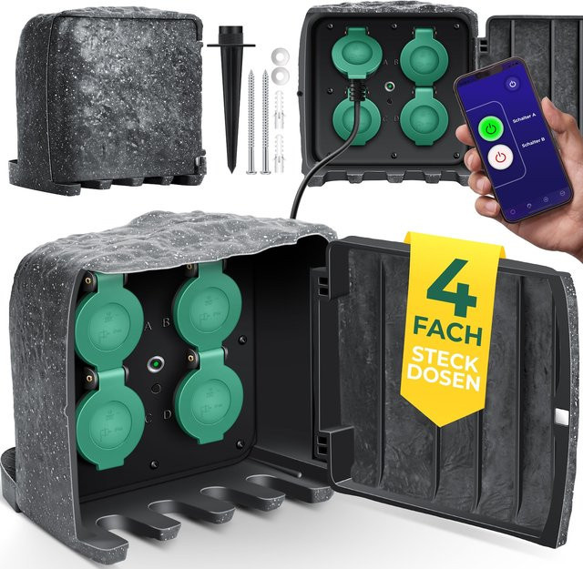 KESSER Gartensteckdose in Steinoptik mit 4 Steckplätzen, WiFi App-Steuerung, IP44, inkl. Erdspieß und 3m Verlängerungskabel sowie Dämmerungssensor - Bild 1