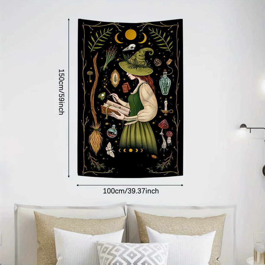 VIKAMA Fantasy Wandteppich mit Hexen und magischen Symbolen in Schwarz - Bild 4