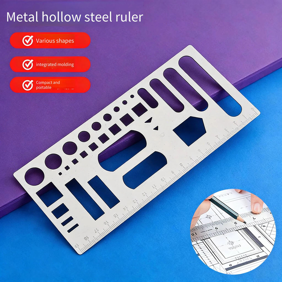 Multifunktionales Lineal mit Metallschablonen aus Edelstahl in Silber für Büro, Zeichnen und Journaling - Bild 2