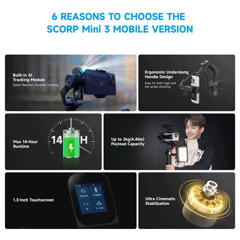 FeiyuTech SCORP Mini 3 Kit Gimbal-Stabilisator in Schwarz mit integrierter 4.0 intelligenter KI-Verfolgung für Spiegellose Kameras und Smartphones - Bild 4