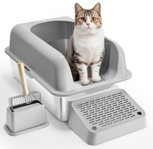 VEVOR XL Katzentoilette aus Edelstahl in Grau mit Schaufel und hohen Seiten, B/T/H: 60,0 x 60,0 x 30,0 cm - Bild 1